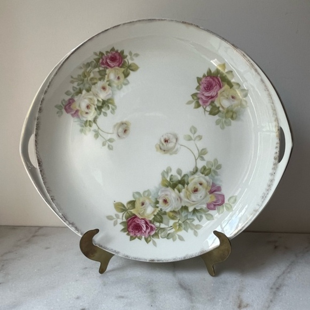 Antique serving platter with handle’s floral gold trim 11”x12”x1,5”